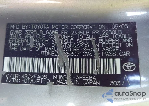 2005 Toyota Prius z USA, uszkodzony, nr VIN JTDKB20U853071096